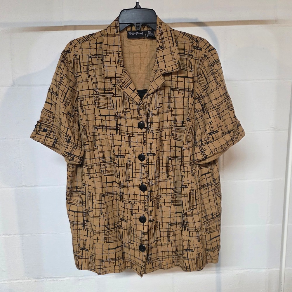 Maggie Barnes Womens 0X 14/16 Tan Black Abstract Grid Blouse Tank Top Crisp